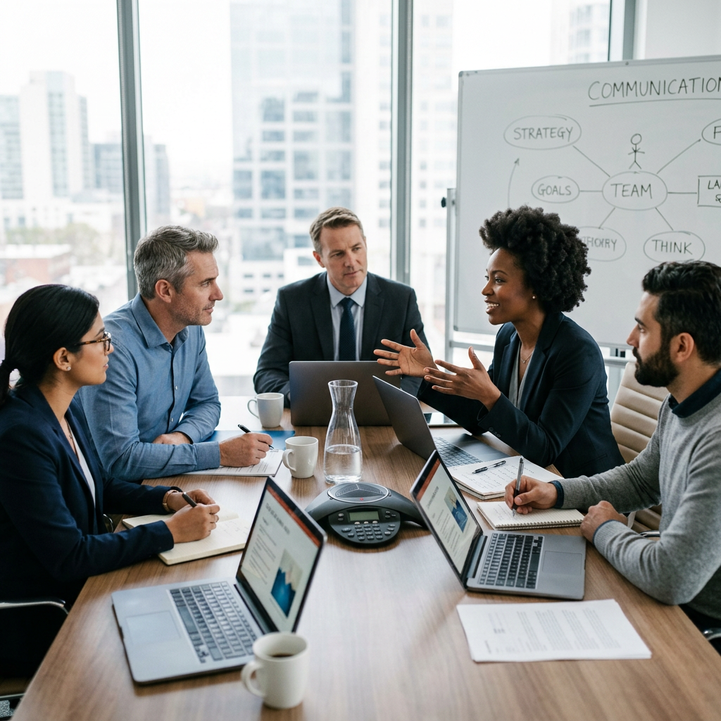 Five professionals having a business discussion in a modern office with laptops and notes
