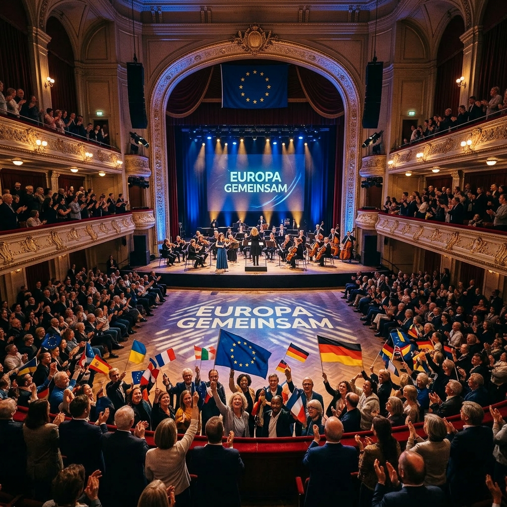 Audience waving European and national flags during a concert with Europa Gemeinsam message